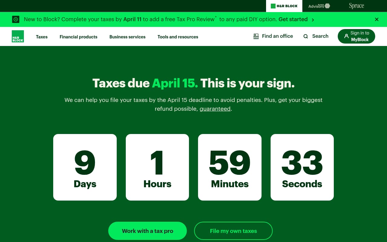 H&R Block website screenshot