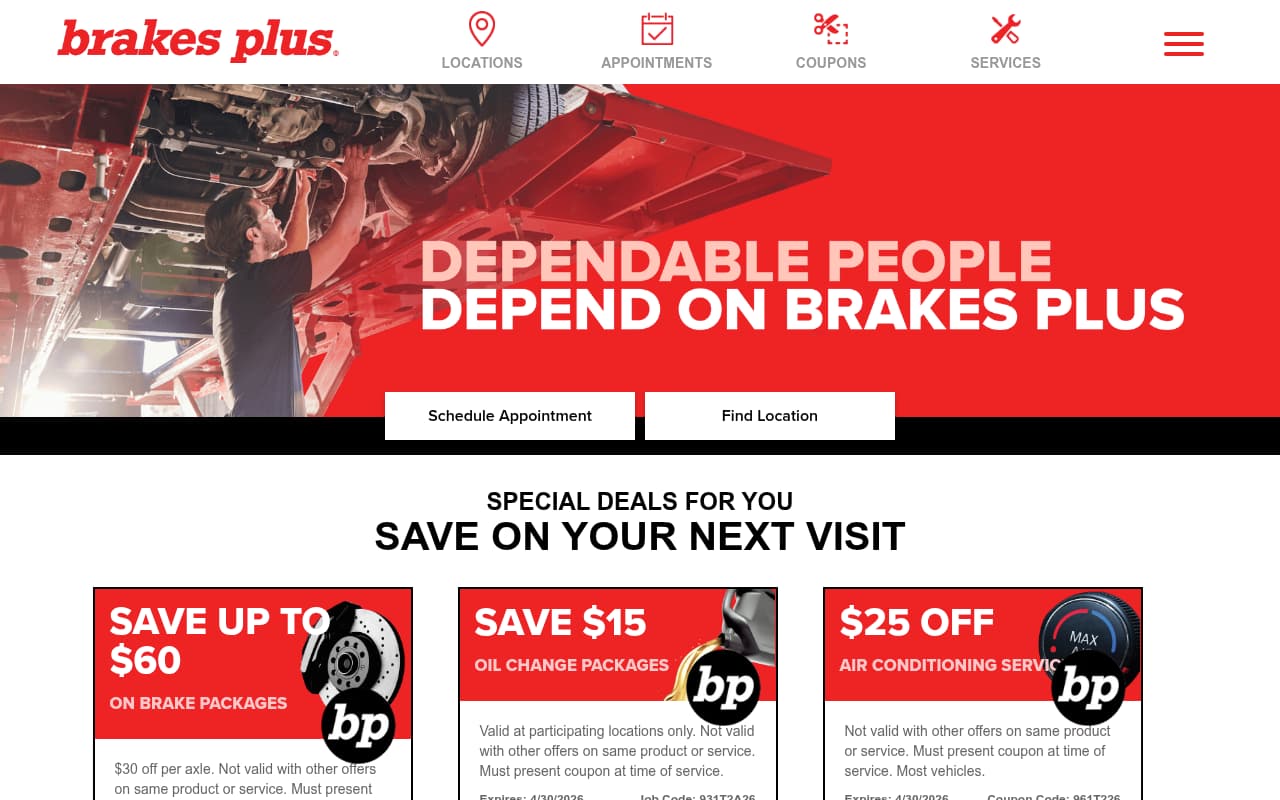 Brakes Plus website screenshot