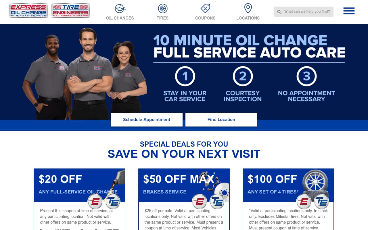 Express Oil Change & Tire Engineers website screenshot