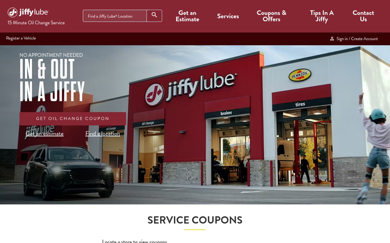 Jiffy Lube website screenshot