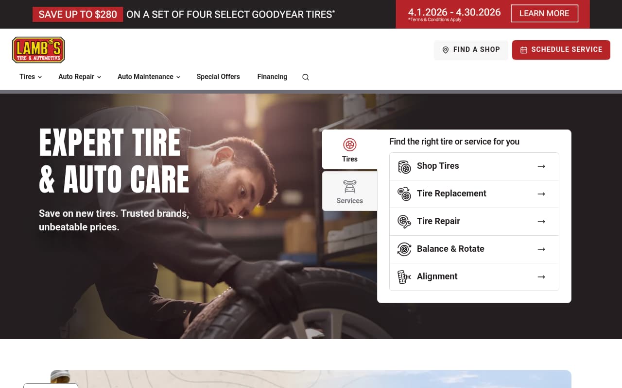 Lamb's Tire & Automotive website screenshot