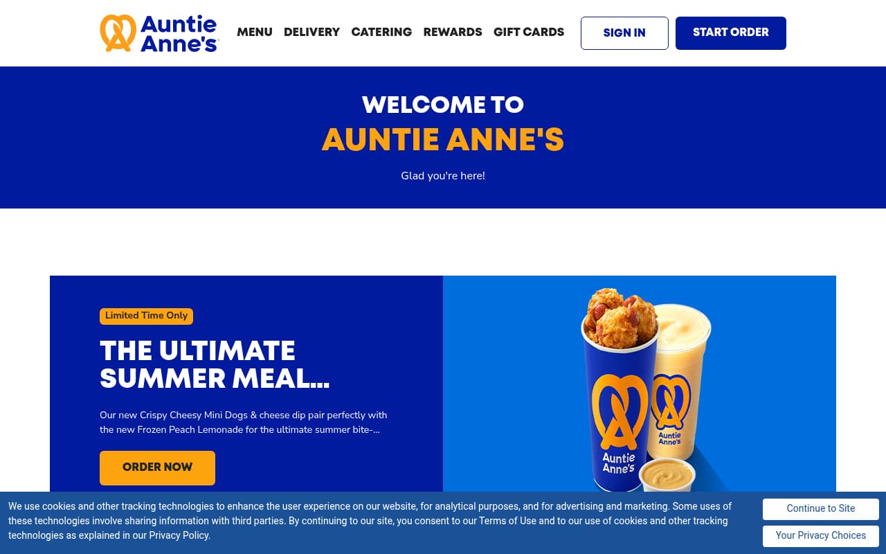 Auntie Anne's website screenshot