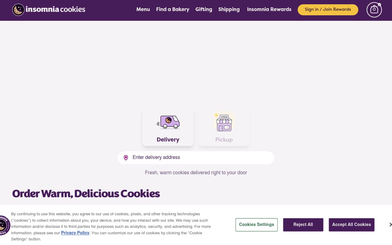 Insomnia Cookies website screenshot