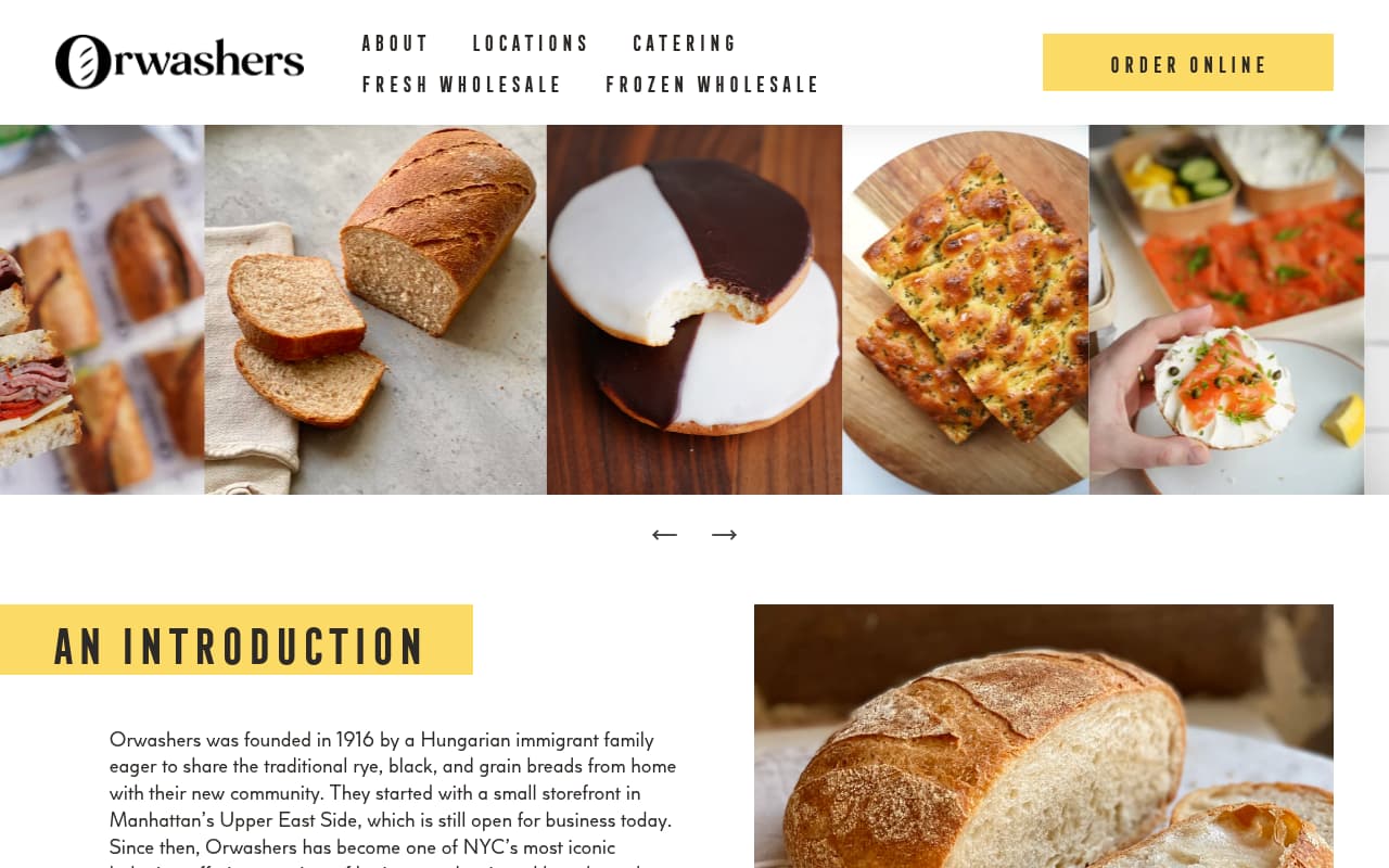 Orwashers Bakery website screenshot