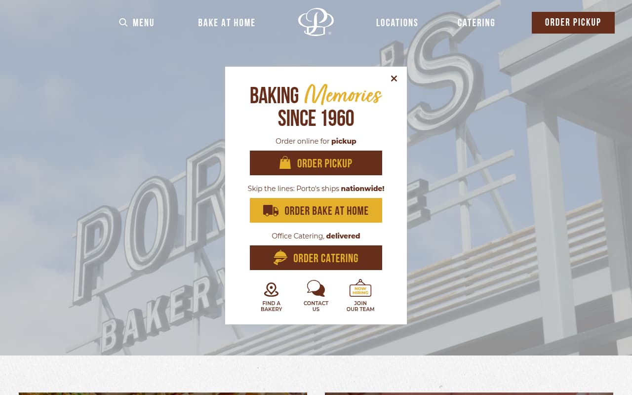 Porto's Bakery website screenshot