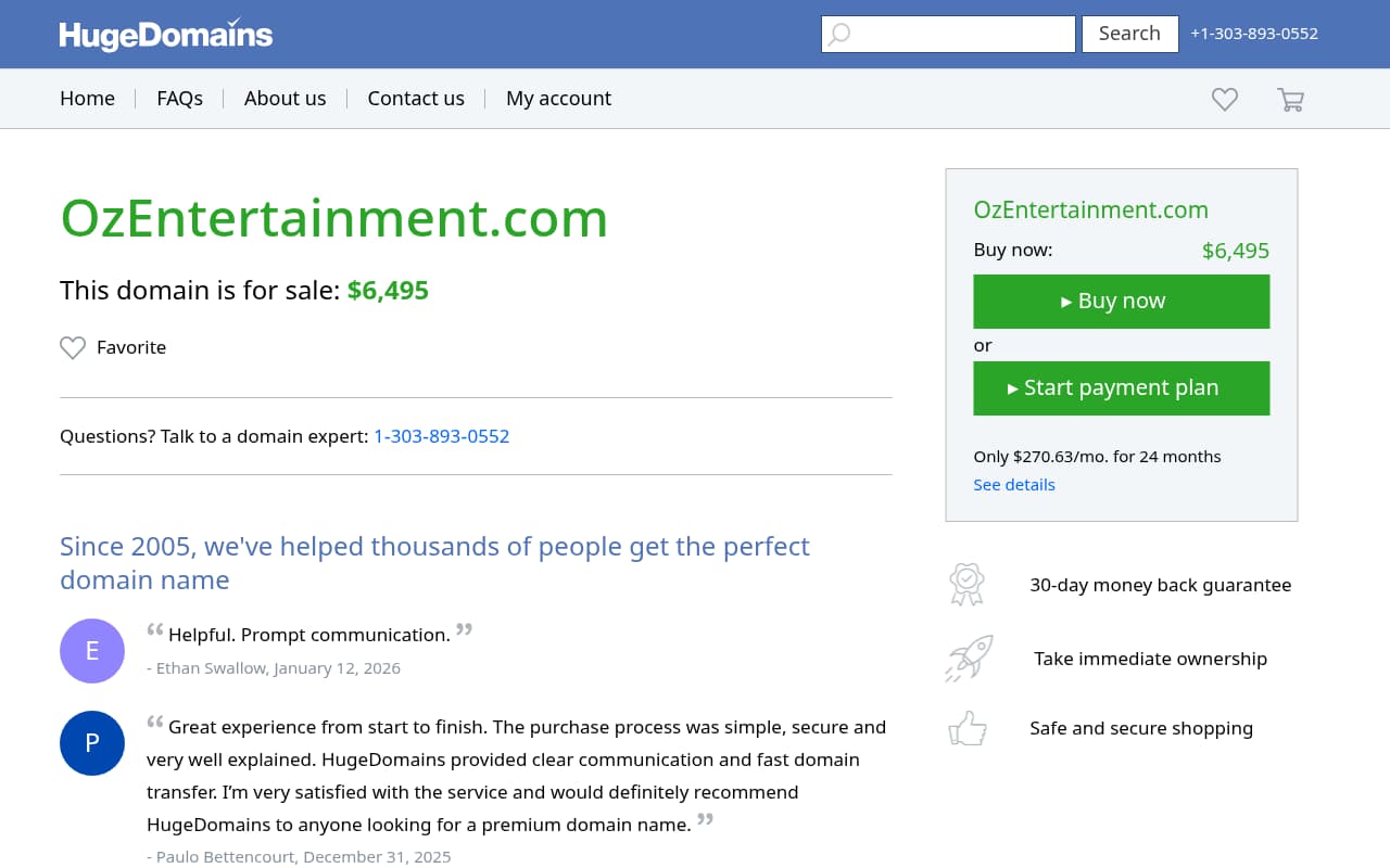 Oz Entertainment website screenshot