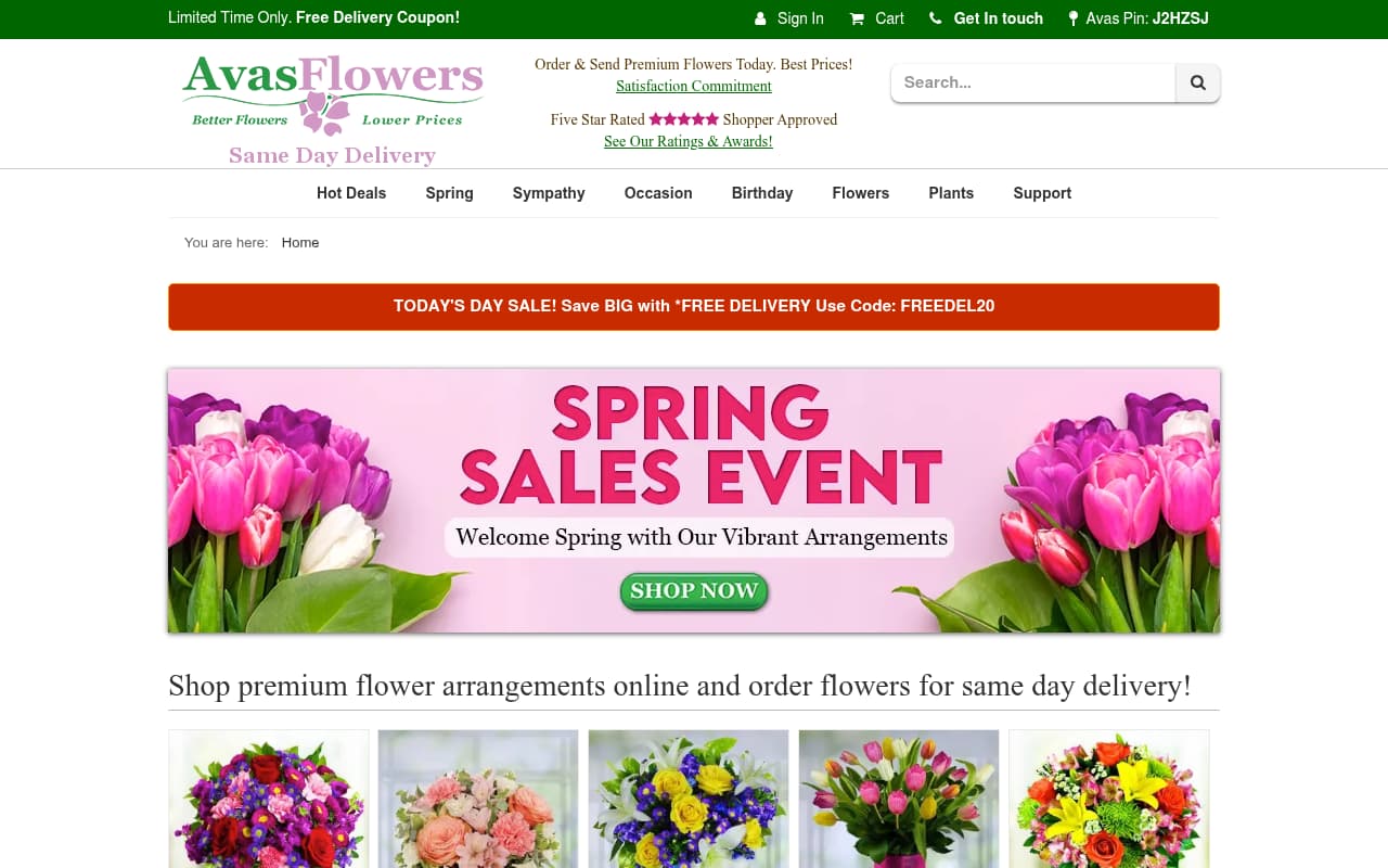 Avas Flowers website screenshot