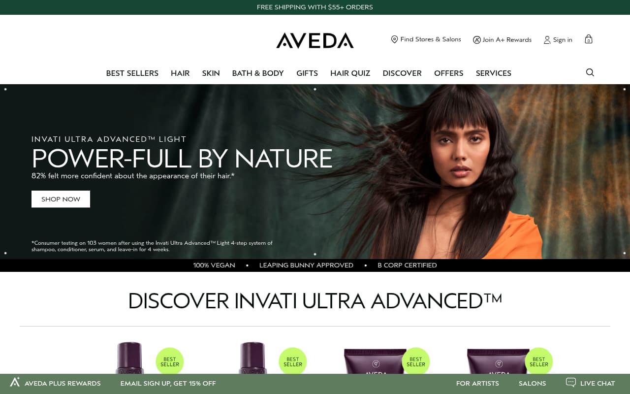 Aveda Salons website screenshot