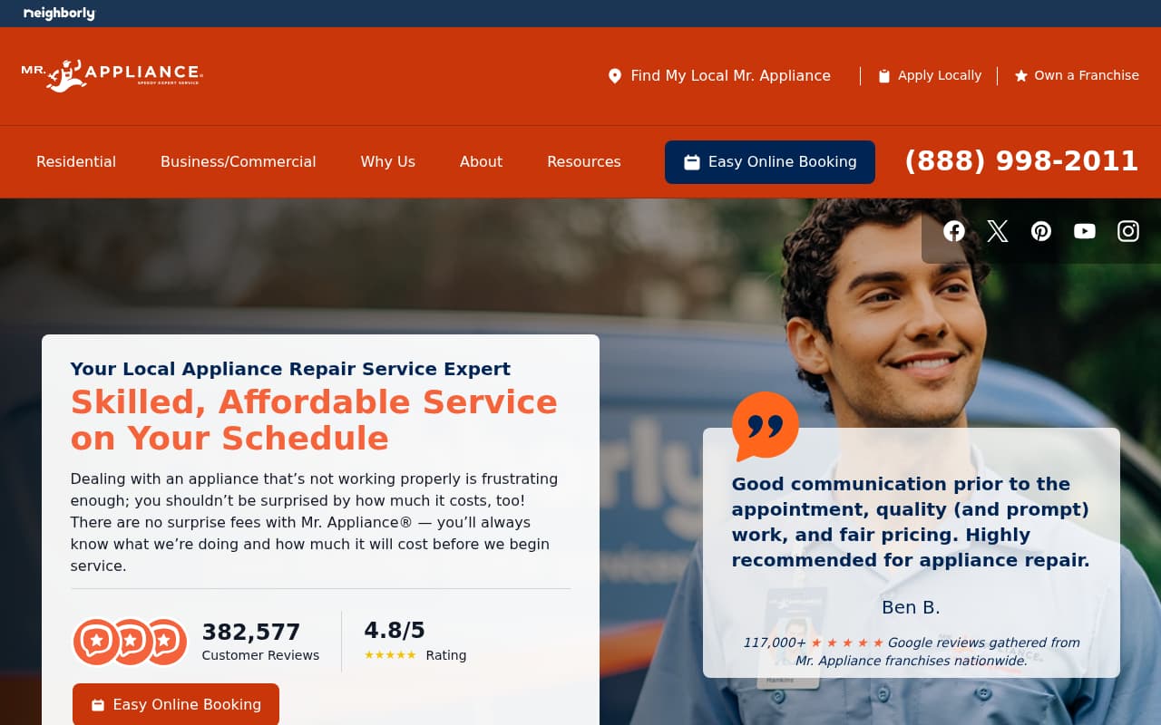 Mr. Appliance website screenshot