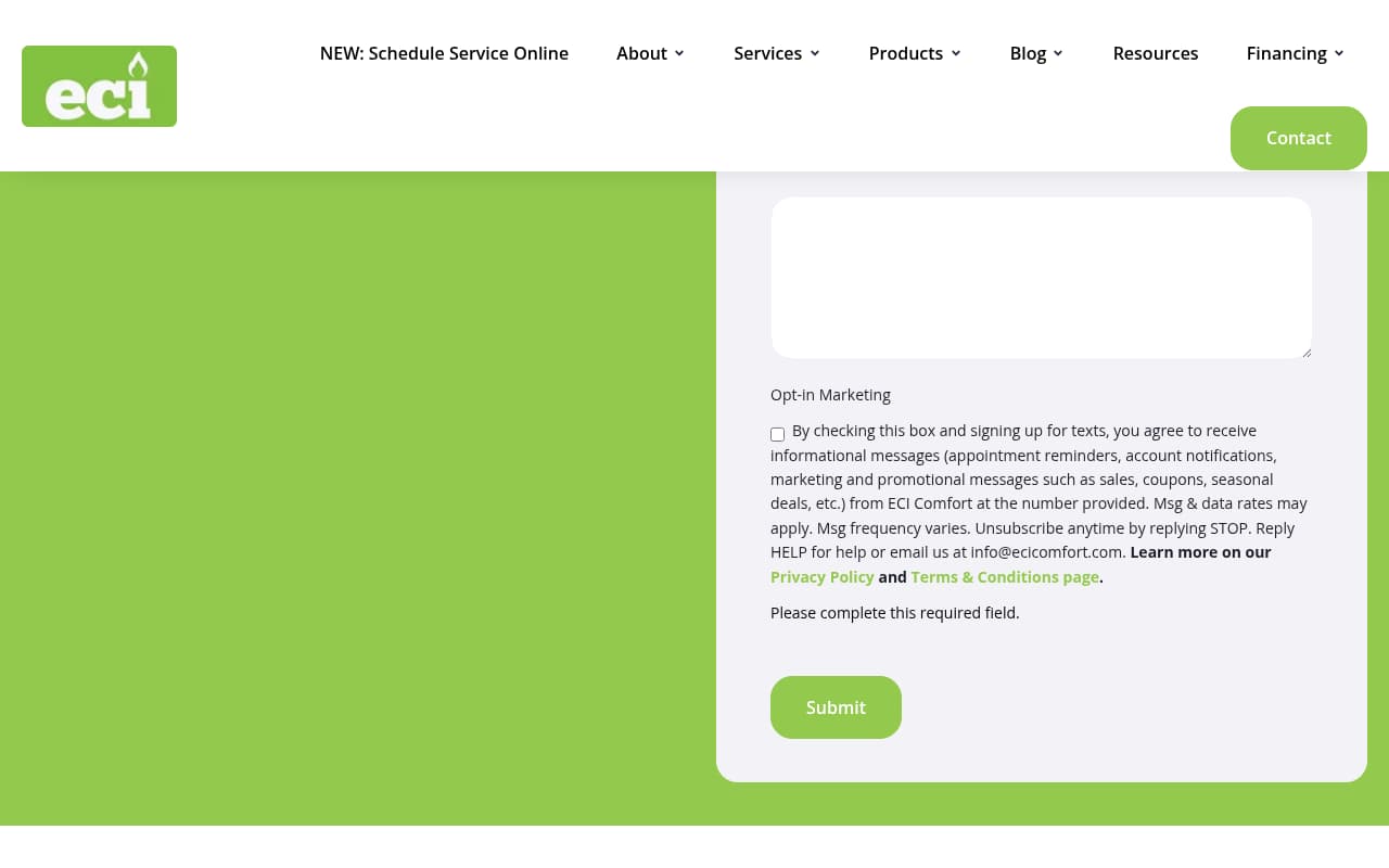 ECI Comfort website screenshot