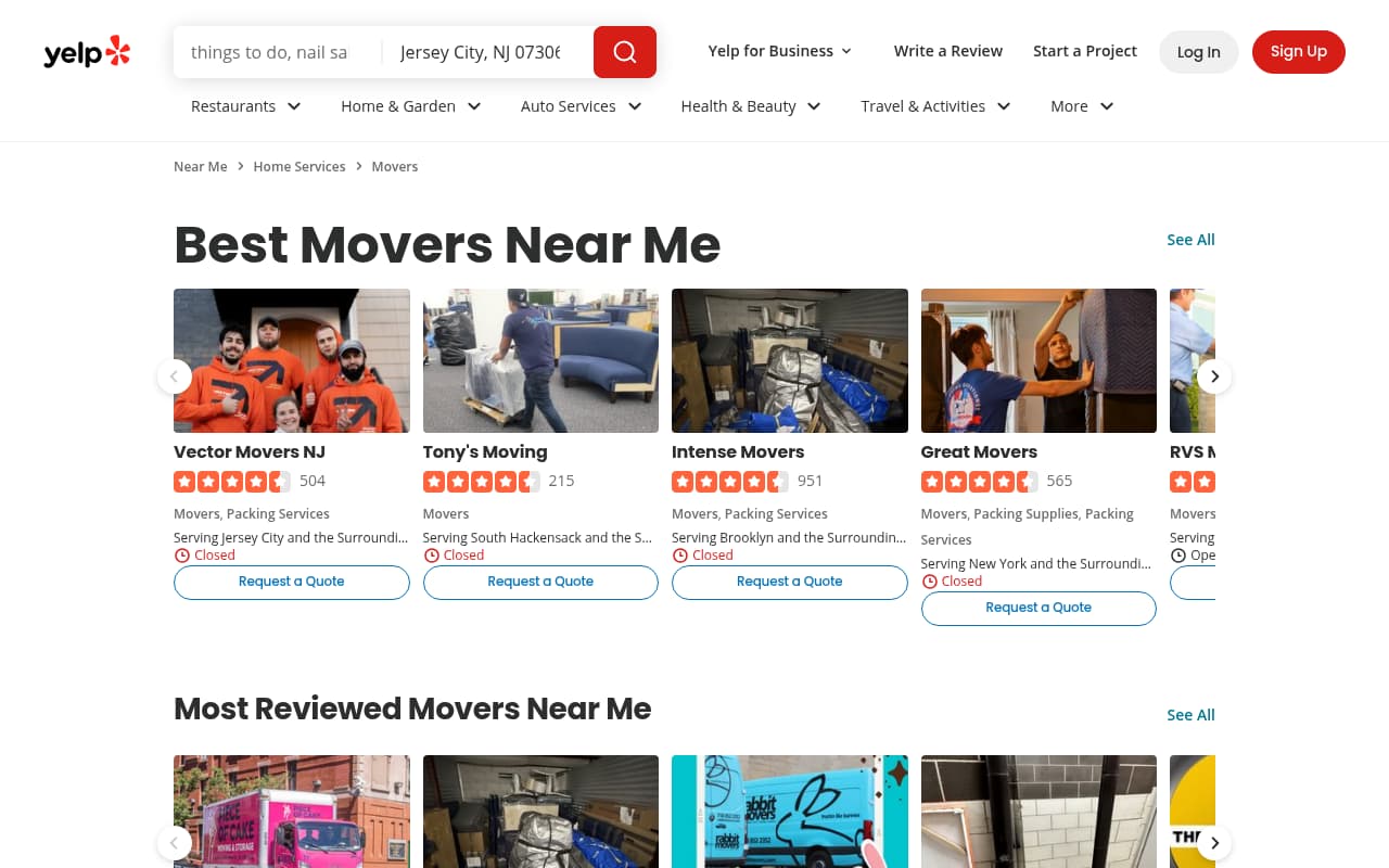Yelp Movers Category website screenshot