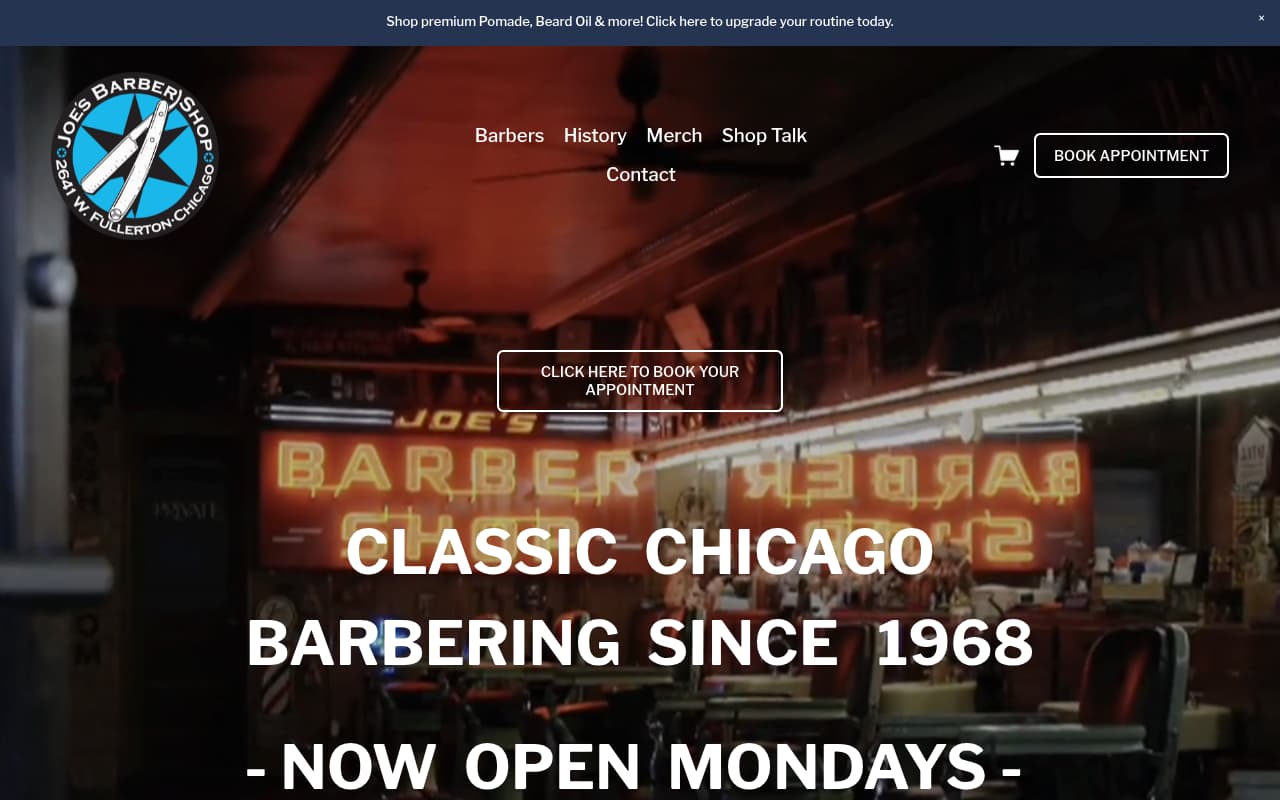 Joe's Barbershop Chicago website screenshot