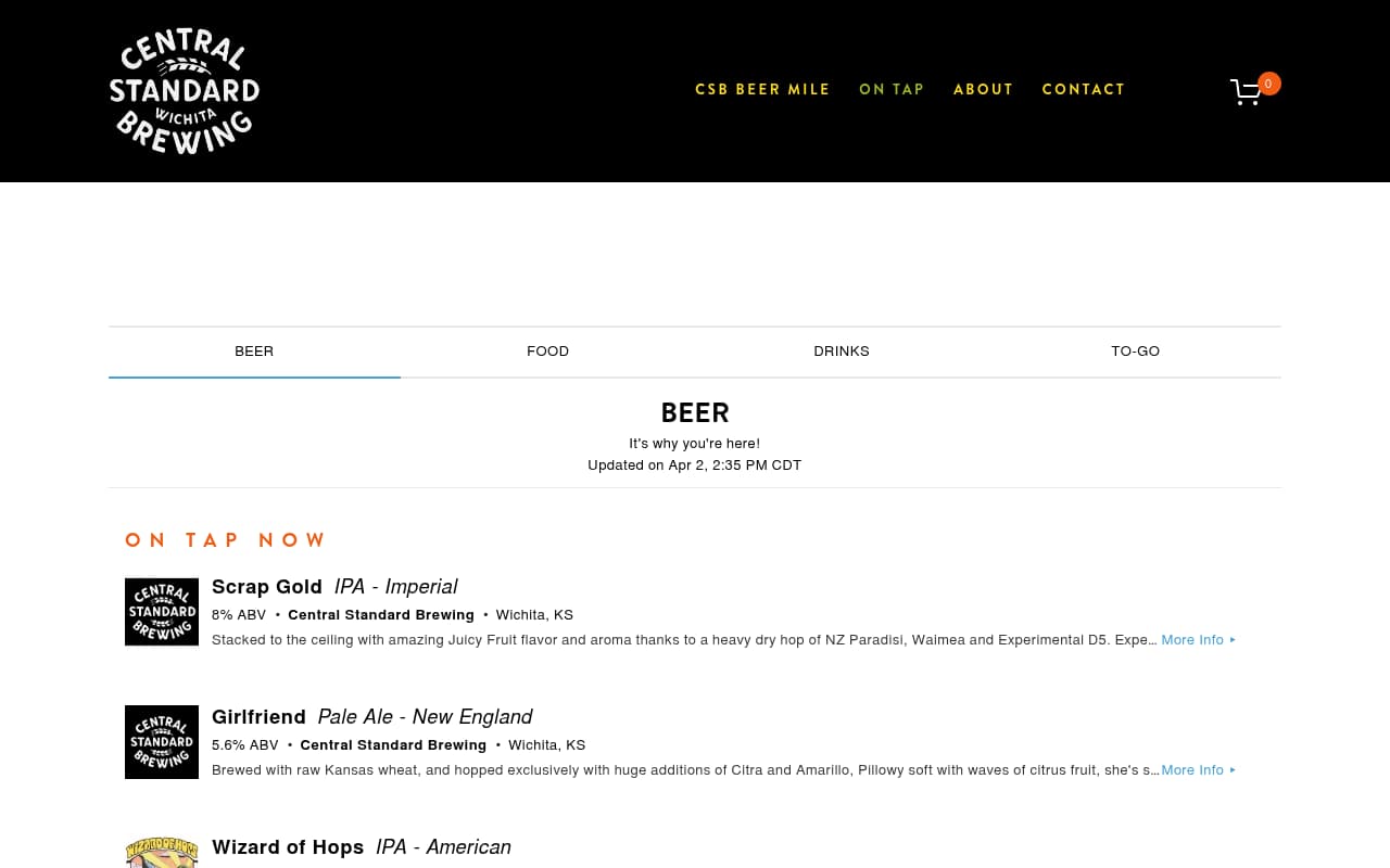 Central Standard Brewing website screenshot