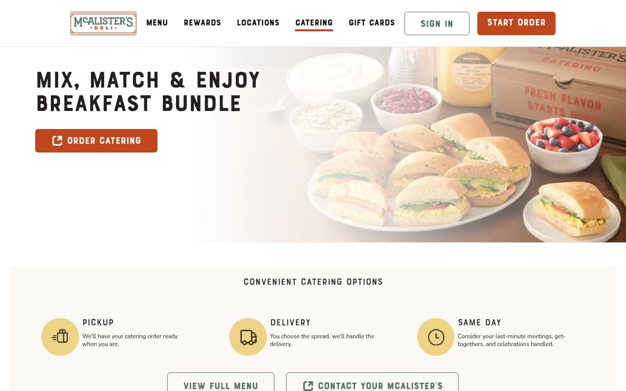 McAlister's Deli Catering website screenshot