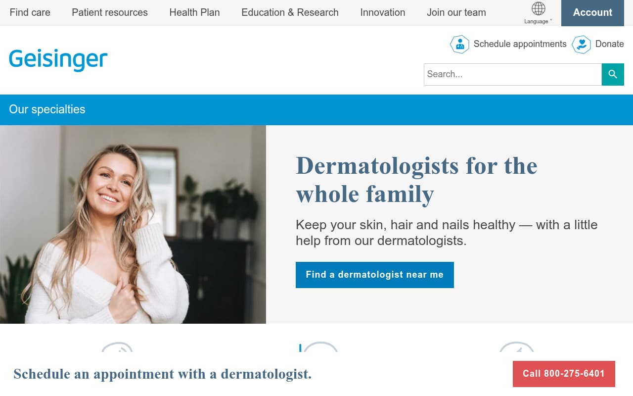 Geisinger Dermatology website screenshot
