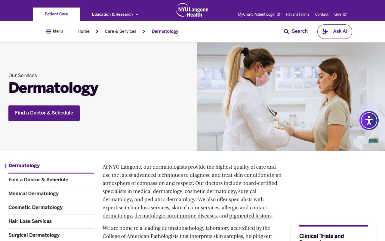 NYU Langone Dermatology website screenshot