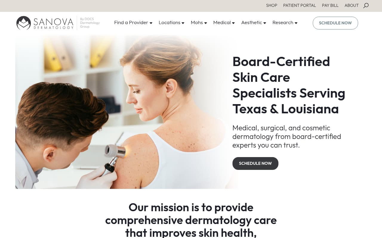 Sanova Dermatology website screenshot