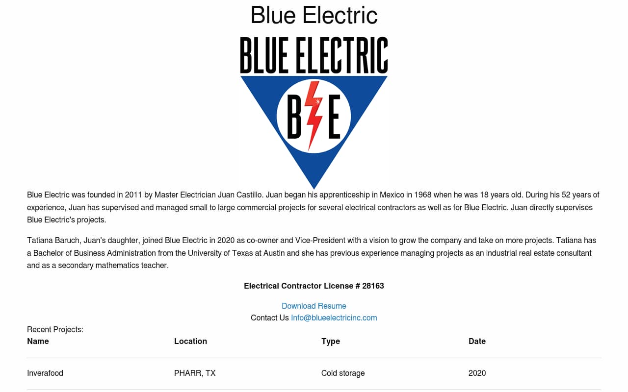 Blue Electric website screenshot